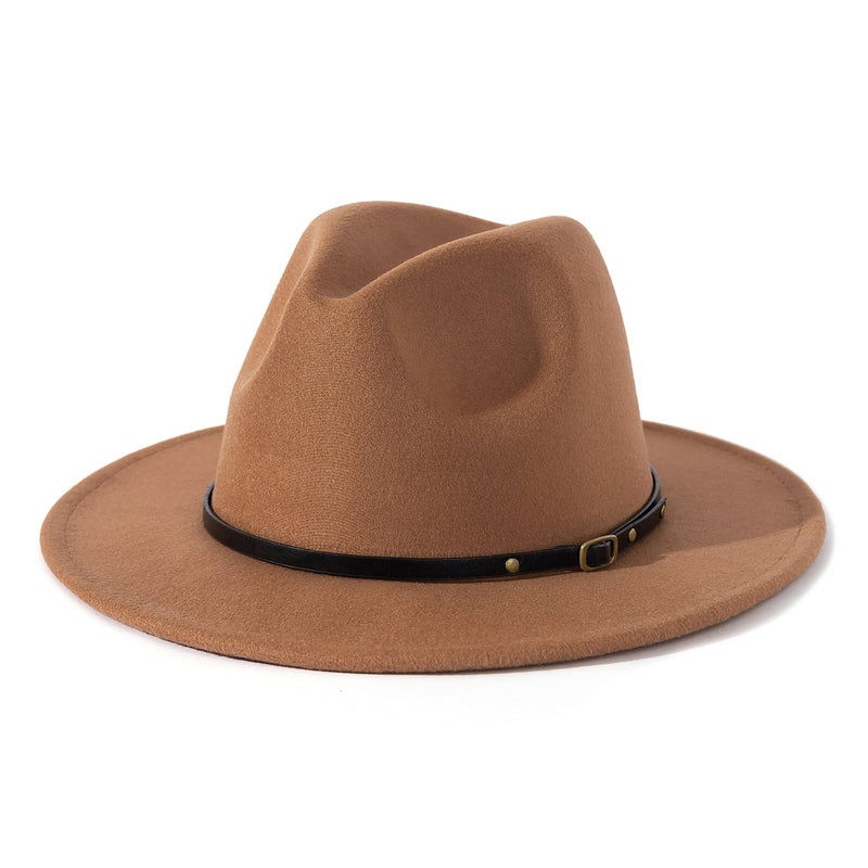 Lisianthus Women Belt Buckle Fedora Hat Dark-Camel - Image 1